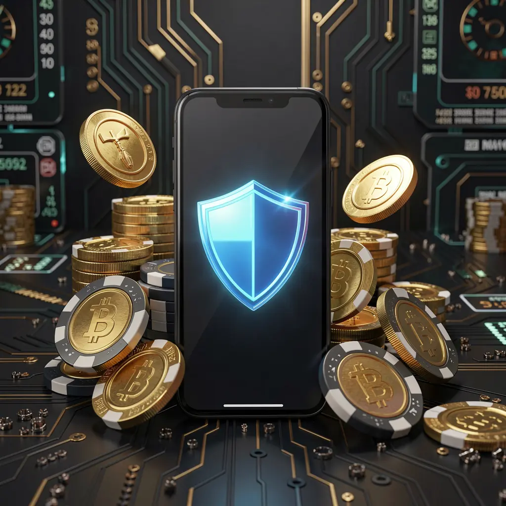 60VIP secure mobile casino app concept showing a smartphone with a glowing shield icon surrounded by golden coins and chips against a dark luxury cyber background in a realistic 3D render