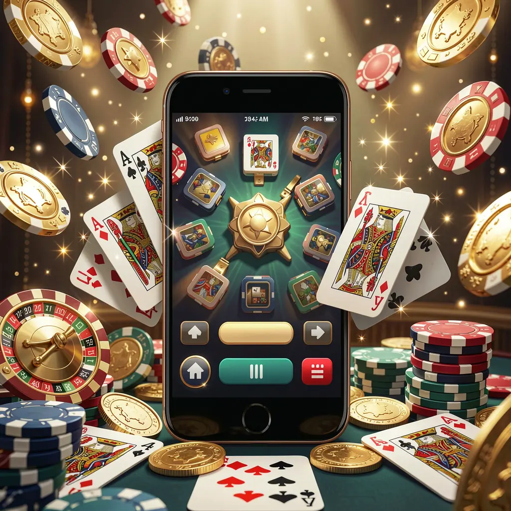 60VIP mobile gaming application concept showing a smartphone surrounded by playing cards, roulette chips, gold coins, and sparkling lights in a premium casino style