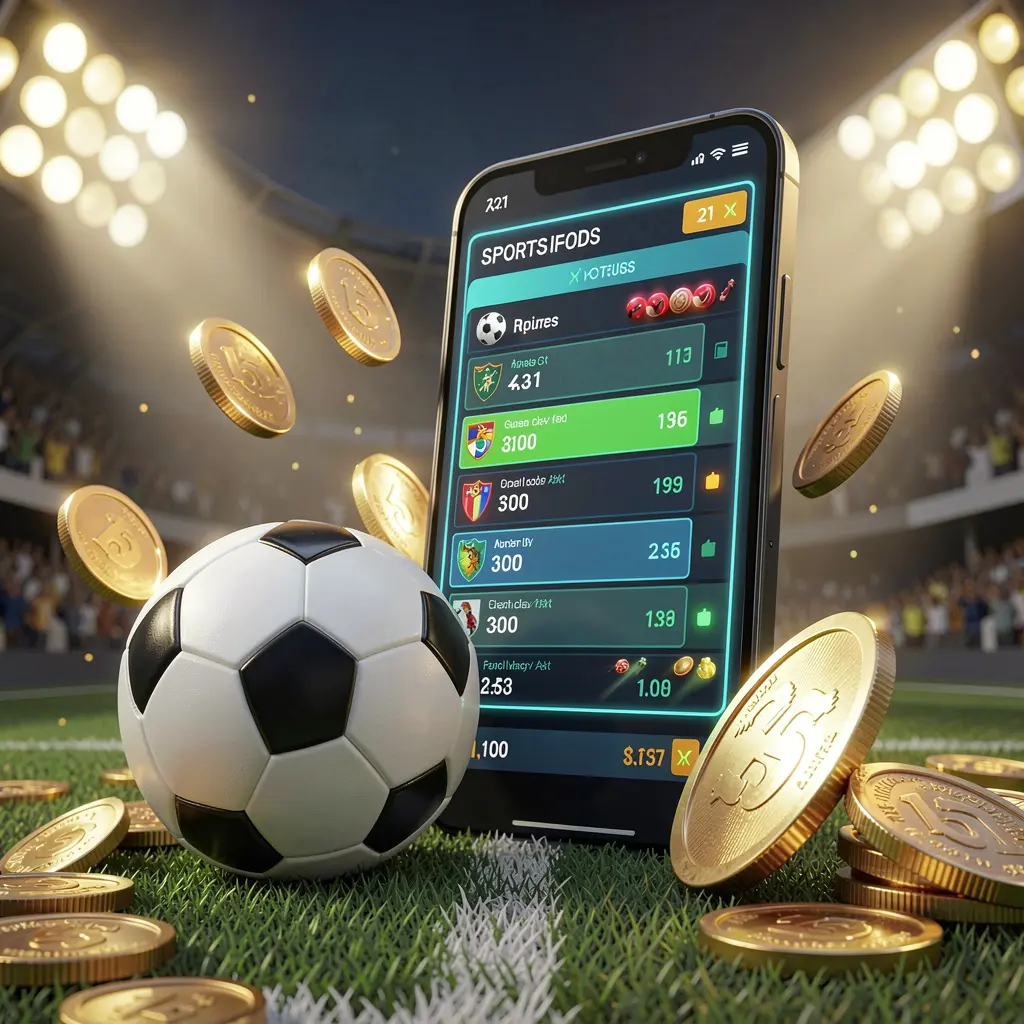 60VIP modern football betting visual with smartphone displaying glowing sports odds interface, soccer ball, golden coins, and stadium lights in a premium 3D illustration