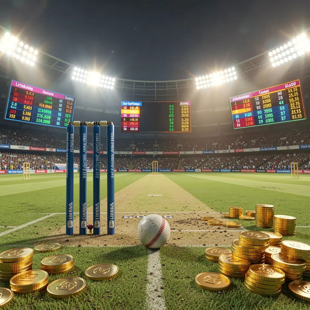 60VIP live cricket betting scene featuring a cricket pitch under bright stadium lights with wickets, ball, golden coins, and glowing odds panels in a cinematic realistic render