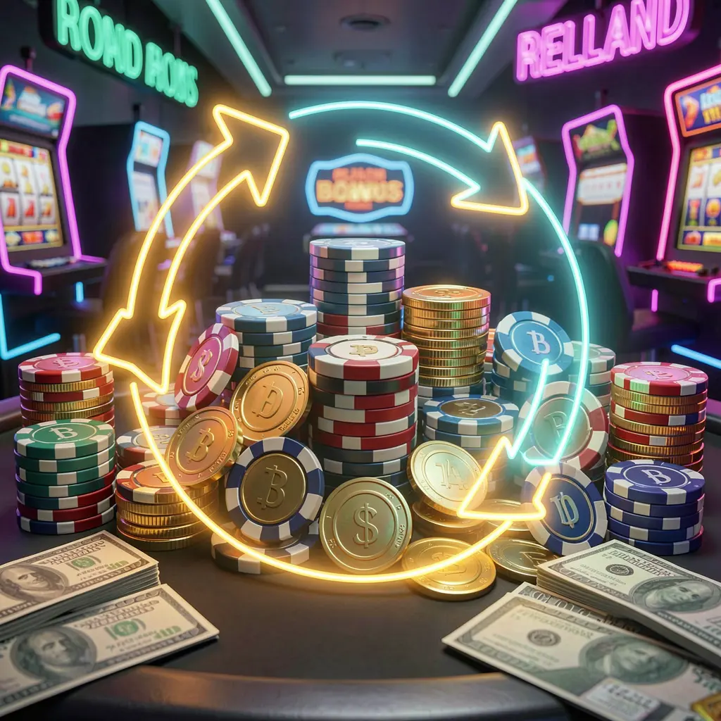 60VIP reload bonus casino visual featuring glowing circular arrows around coins, chips, and cash with a modern neon casino background in a high detail 3D render