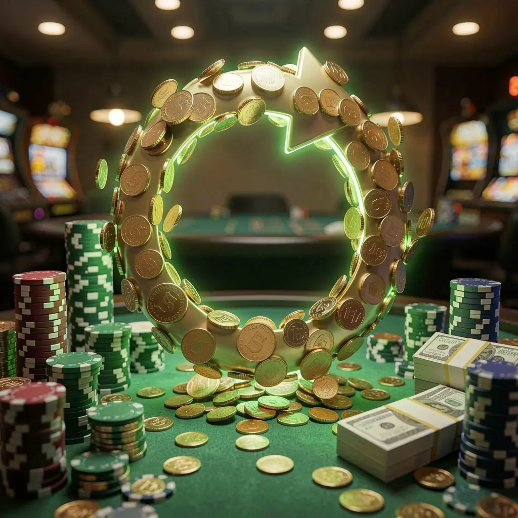 Realistic 3D render of a cashback casino bonus scene featuring coins moving in a circular arrow, stacks of chips, and cash bundles with green and gold glow, showcasing the 60VIP brand
