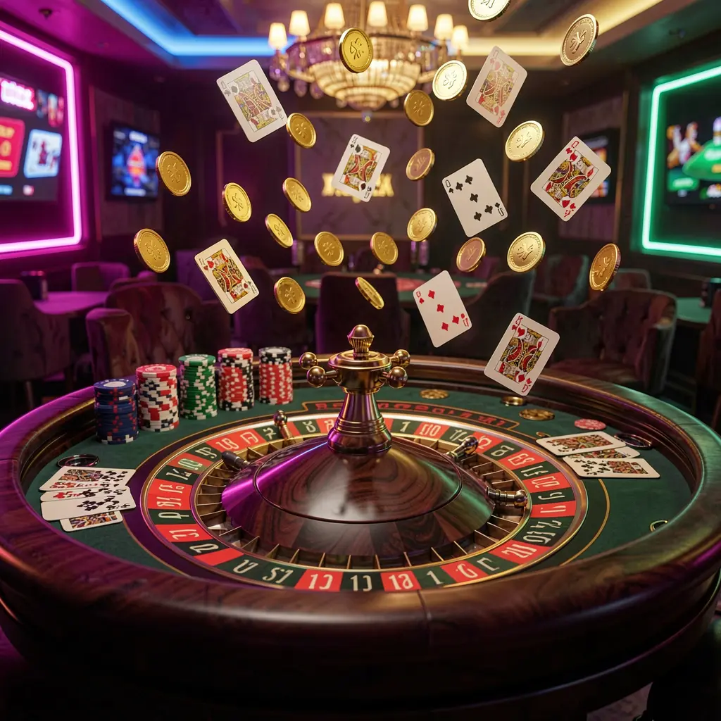 60VIP premium casino gaming scene featuring an elegant roulette table with chips and cards, golden coins flying in the air under dramatic neon lighting in a high detail 3D render