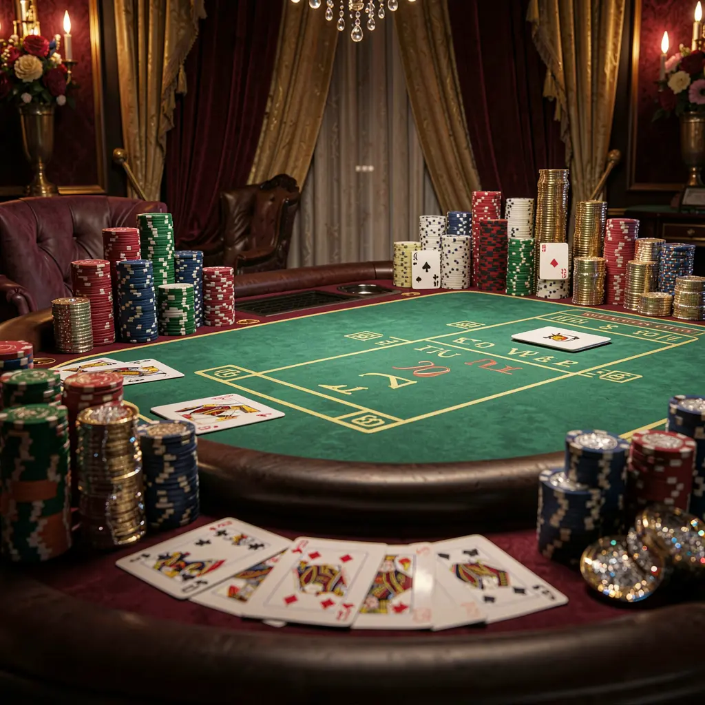 60VIP luxury casino atmosphere featuring a blackjack table with poker cards, stacks of chips, and sparkling coins against a dark red and gold background in a cinematic realistic render