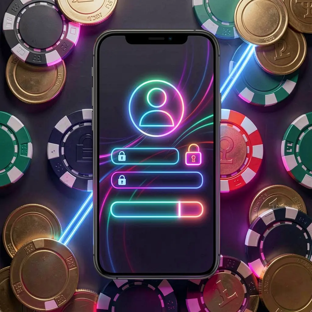 60VIP mobile gaming login page concept with smartphone displaying abstract login interface featuring user and lock icons, surrounded by casino chips and coins under luxury neon lighting 60VIP mobile gaming login page concept with smartphone displaying abstract login interface featuring user and lock icons, surrounded by casino chips and coins under luxury neon lighting
