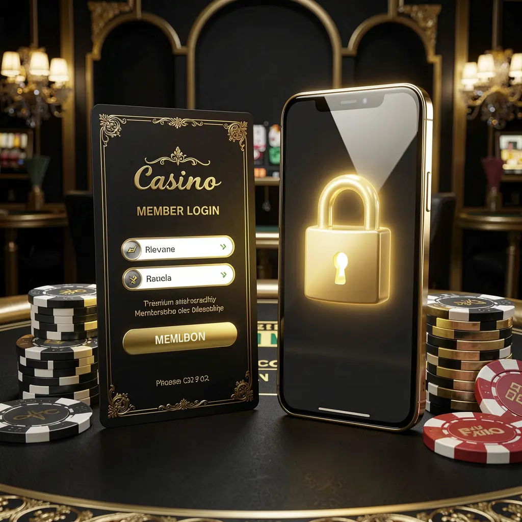 60VIP casino member login concept showing a premium membership card beside a smartphone with a glowing lock symbol, poker chips, and coins on a black and gold luxury background in a realistic 3D illustration 60VIP casino member login concept showing a premium membership card beside a smartphone with a glowing lock symbol, poker chips, and coins on a black and gold luxury background in a realistic 3D illustration