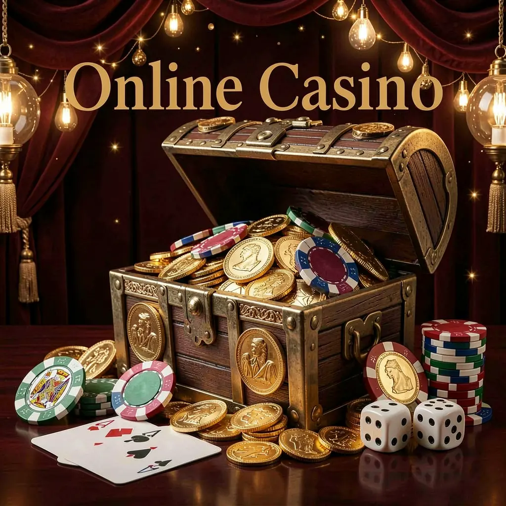 60VIP online casino welcome banner featuring a treasure chest filled with golden coins and casino chips, playing cards and dice nearby against a dark luxury background creating a festive premium atmosphere